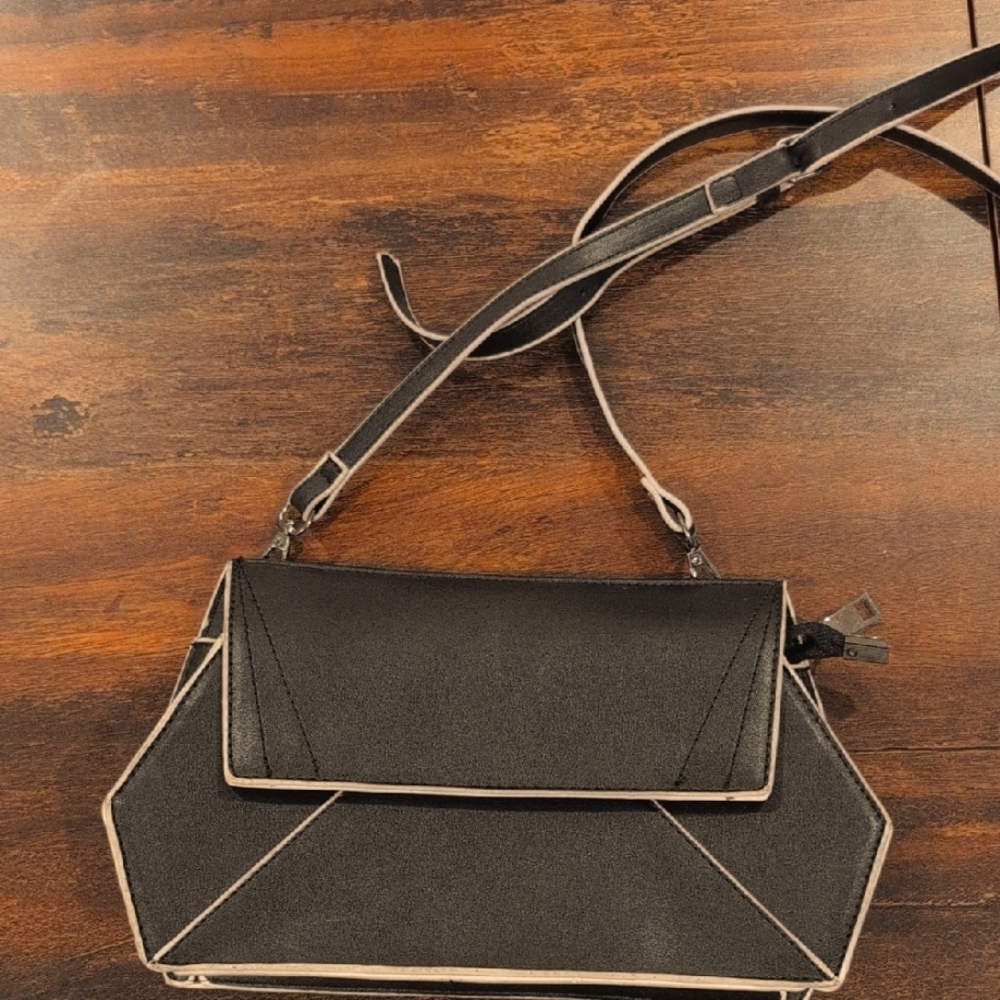Melie Bianco Geometric Black Crossbody Bag, Black With Cream Details.